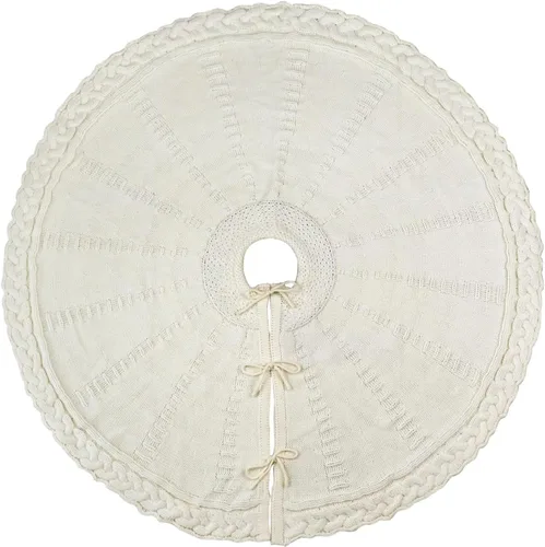 Vista 6 de Falda de árbol de Navidad de 60 pulgadas: falda de árbol grande para árbol de 9 pies, falda de árbol de punto trenzado color blanco crema, faldas