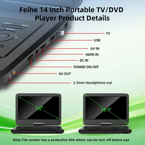 Vista 8 de Combo de reproductor de TV/DVD portátil de 16.5 pulgadas con pantalla giratoria HD de 14 pulgadas y sintonizador digital, entrada HDMI, batería
