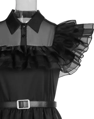 Vista 6 de cefirature Addams - Vestido de malla para niñas, disfraz, peluca, calcetines, guantes, banda para el cabello, vestido de disfraz de dibujos animados