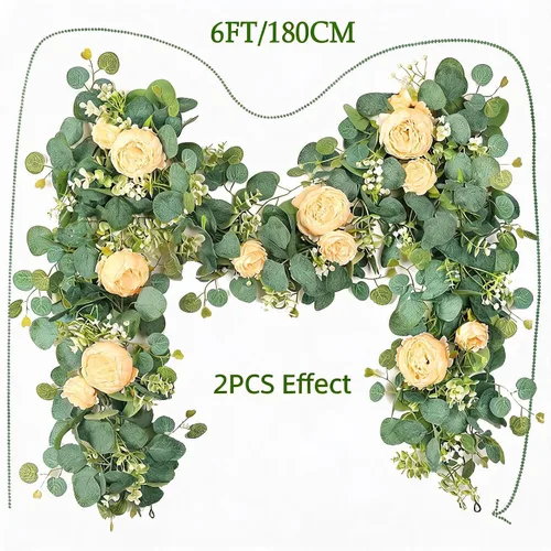 Vista 3 de Guirnalda de flores artificiales de seda de 6 pies con hojas de eucalipto, guirnaldas florales de imitación para boda, arco, puerta, colgar