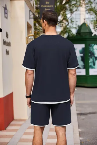Vista 60 de COOFANDY Conjunto de camisa y pantalones cortos de gofre para hombre, conjunto de 2 piezas, conjunto casual de verano con bolsillos