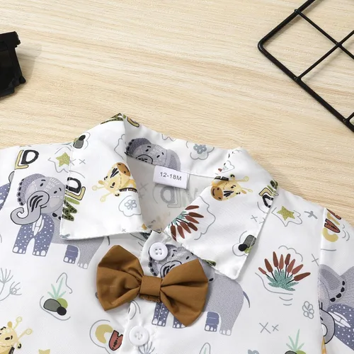 Vista 4 de JEELLIGULAR Conjunto de ropa de verano para bebé niño de manga corta con botones y pantalones cortos, trajes casuales para caballeros de 1 a 6 años