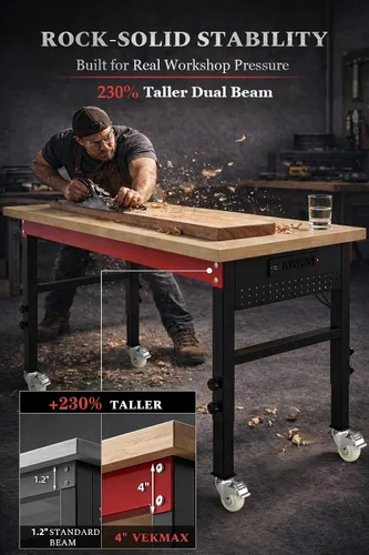 Vista 3 de Banco de trabajo resistente de 60 pulgadas, banco de trabajo de capacidad de carga de 2500 libras con parte superior de madera laminada de 1.2