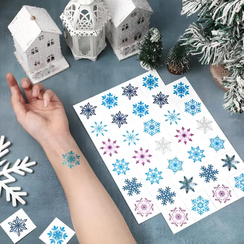 Vista 4 de 240 tatuajes temporales de copo de nieve de invierno para niños, tatuajes temporales de copos de nieve azules y plateados, accesorios de ropa
