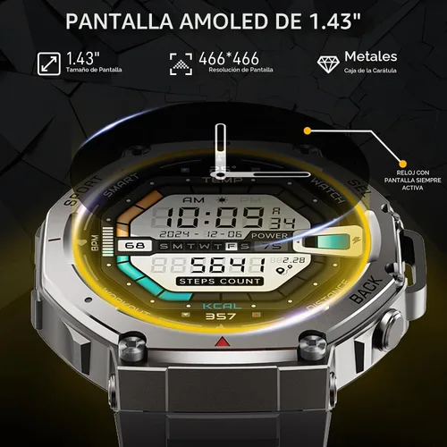Vista 2 de Reloj inteligente militar para hombre, reloj inteligente con GPS integrado, 5 ATM, impermeable, 1.43 pulgadas, AMOLED, resistente, rastreador