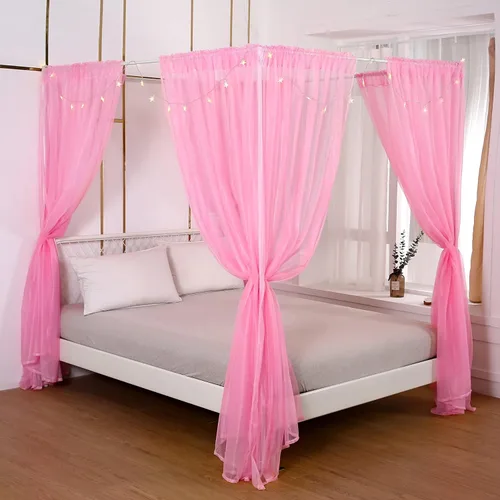 Vista 14 de Akiky Cortinas de Cama con Luces con Postes en las 4 Esquinas para Adultos y Niñas, Cortinas de Cama Arcoíris con Malla - 8 Paneles