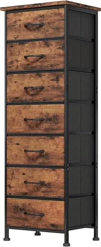 Vista 11 de Fixwal Cómoda negra alta y delgada para dormitorio, organizador de almacenamiento estrecho con 5 cajones de tela, muebles de mesita de noche