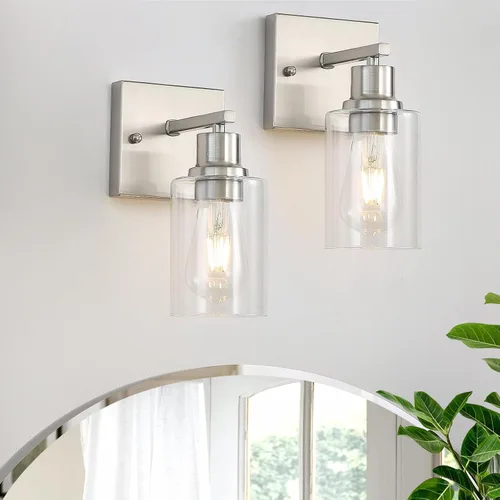 Vista 9 de Paquete de 2 lámparas de pared para sala de estar, luces de tocador de oro cepillado con pantalla de cristal, apliques de pared modernos de granja