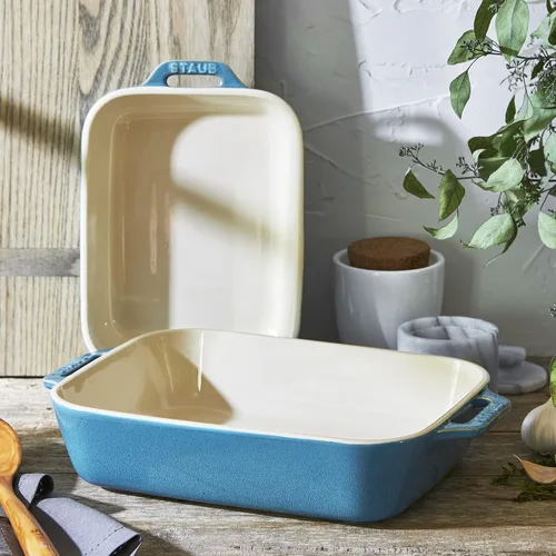 Vista 4 de Staub Juego de platos rectangulares de cerámica para hornear, cazuela, 2 piezas, turquesa rústico