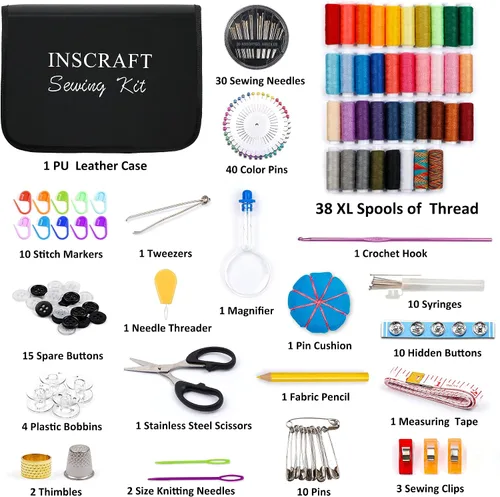 Vista 2 de Kit de costura, 182 suministros de costura premium, 38 carretes de hilo XL, adecuado para viajeros, adultos, niños, principiantes, emergencias