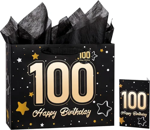 Vista 13 de Powbrace Bolsa de regalo de cumpleaños número 30 negra de 13 pulgadas con papel de seda y tarjeta de felicitación para fiestas, bolsa de regalo