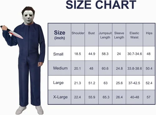Vista 6 de CoserWorld Máscara de Halloween de Michael Myers disfraz con cuchillo falso, overol azul, traje de mecánico para hombres adultos