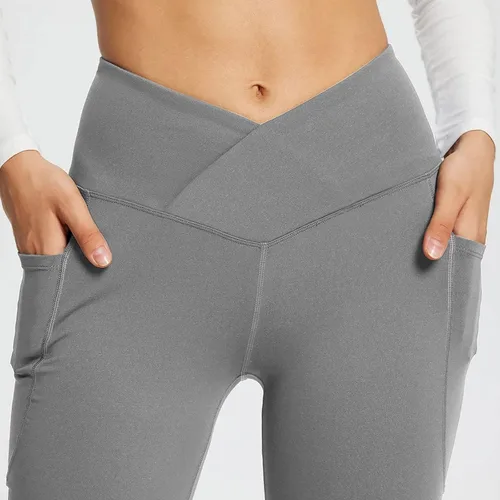 Vista 7 de Leggings acampanados cruzados para mujer, cintura alta, corte en V, corte de bota, pantalones de yoga acampanados con bolsillos