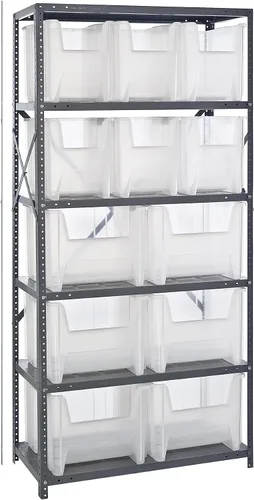 Vista 370 de Quantum QSBU-245BK Heavy Duty Shelving Unit with (7) Shelves and (24) QUS245 Black Bins for Garage Warehouse Storage Distribution 400 lb Load