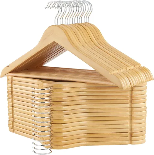 Vista 8 de Perchas de madera, paquete de 20 perchas con acabado extra suave, muescas cortadas con precisión y gancho giratorio cromado, perchas de madera