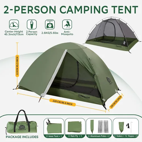 Vista 3 de Tienda de mochilero para 2 personas para acampar y saco de dormir doble