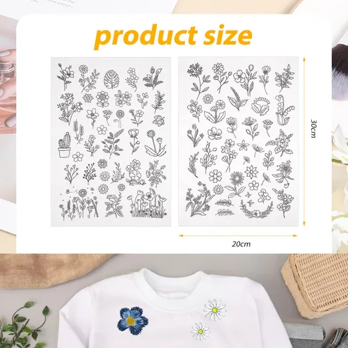 Vista 2 de 72 estabilizadores solubles en agua, estabilizadores de costura a mano con patrón de flores y hojas preimpresas, papel de bordado floral de palo