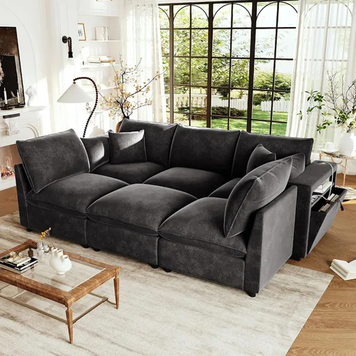 Vista 15 de JIVOIT Sofá modular modular de 93.7 pulgadas con otomana móvil, moderno en forma de U, sofá cama en forma de L con reposabrazos de almacenamiento