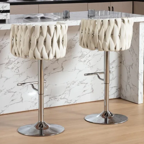 Vista 2 de DUOMAY Juego de 4 taburetes de bar giratorios modernos, de tela sintética, altura ajustable, con respaldo de barril para isla de cocina, silla