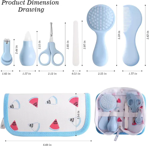 Vista 7 de Kit de aseo para bebés de 6 piezas en bolsa de almacenamiento (azul) - Cepillo suave, peine, cortauñas, aspirador nasal, tijeras de seguridad y lima