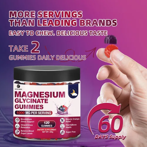 Vista 6 de 120 unidades de gomitas de glicinato de magnesio de 1000 mg para mujeres y hombres, suplementos de malato de magnesio y taurato para dormir, apoyo