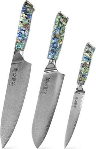 Vista 10 de Cuchillo de cocina de Damasco, acero de damasco de 67 capas, juego de cuchillos de chef profesionales de 13 pulgadas para cocina, mango ergonómico