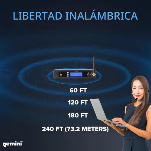 Vista 3 de Gemini Auriculares duales UHF y sistema de micrófono inalámbrico Lavalier (UHF-6200HL) Dual UHF headset & lavalier mics, 512-537.5 MHz - auto SYNC