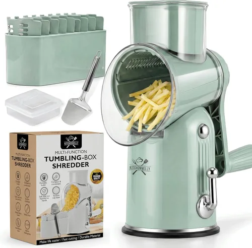 Vista 8 de Rallador de queso rotativo 5 en 1 con manivela manual – Rallador de verduras multifuncional, triturador de nueces y queso – Rallador de alimentos