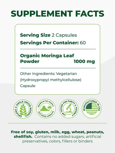 Vista 4 de PURA VIDA MORINGA Cápsulas de polvo de Moringa de origen único orgánico. Hoja pura de Moringa. Energía, metabolismo y apoyo inmunológico. 120