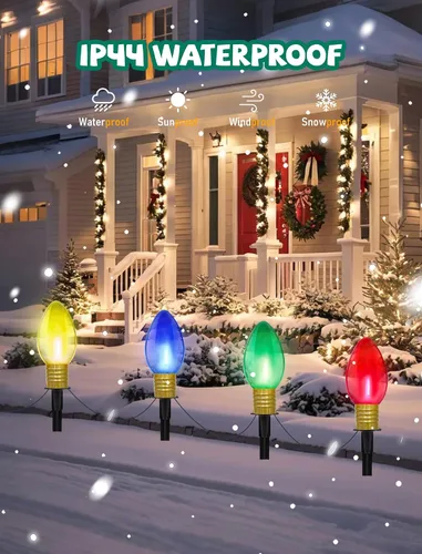 Vista 2 de C9 - Luces de camino de Navidad para exteriores, juego de 4 luces de Navidad para césped al aire libre con bombillas LED C9 transparentes multicolor