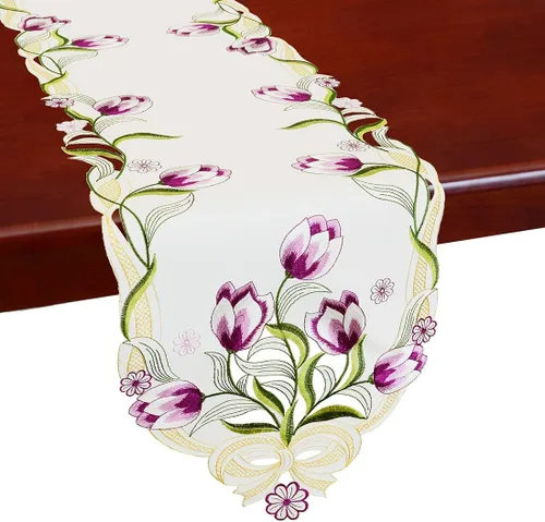 Vista 8 de Caminos de mesa pequeños bordados de tulipán, manteles florales de primavera para Pascua (azul, 13 x 35 pulgadas)