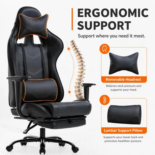 Vista 5 de BestOffice Silla ergonómica para juegos Negro Silla reclinable para computadora con soporte lumbar, almohada reposacabezas y reposapiés