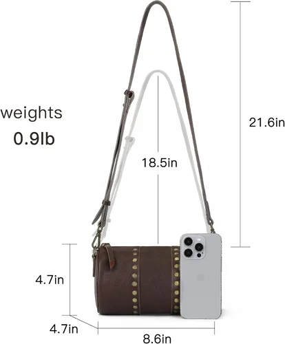 Vista 4 de Bolsos cruzados de cuero genuino para mujer, bolso cruzado bohemio con tachuelas, bolso de hombro pequeño para teléfono y cartera