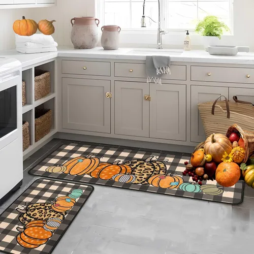 Vista 9 de Juego de 2 alfombras y tapetes de cocina de otoño, alfombras de cocina de Acción de Gracias, con respaldo antideslizante, decoraciones de otoño