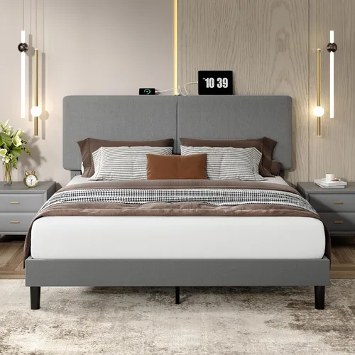 Vista 9 de VECELO Marco de cama tamaño individual tapizado, plataforma con cabecero de algodón y lino ajustable en altura, listones de madera de alta
