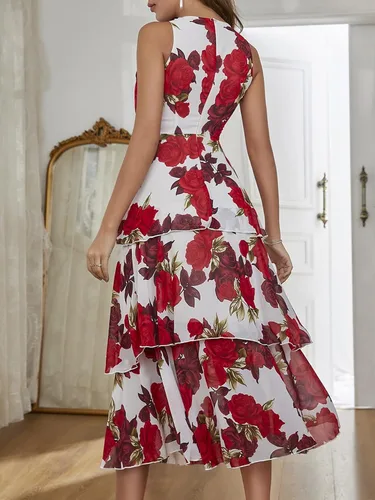 Vista 2 de WDIRARA Vestido de gasa con estampado floral de talle alto sin mangas y volantes para mujer