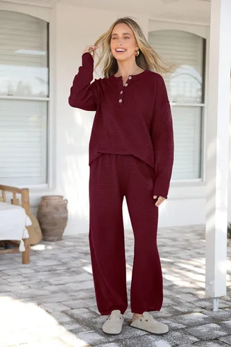 Vista 5 de PRETTYGARDEN Conjunto de 2 piezas de suéter de punto de otoño y pantalones de pierna ancha para mujer 2024