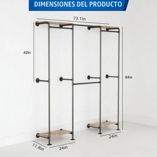Vista 2 de KaKaBB Perchero industrial de tubería, perchero de pared para colgar ropa, perchero de esquina ajustable en forma de L con estantes, sistema de Negro