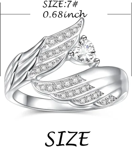 Vista 7 de Anillo de plata de ley 925 con alas de ángel y circonita cúbica gran pluma joyería para mujer