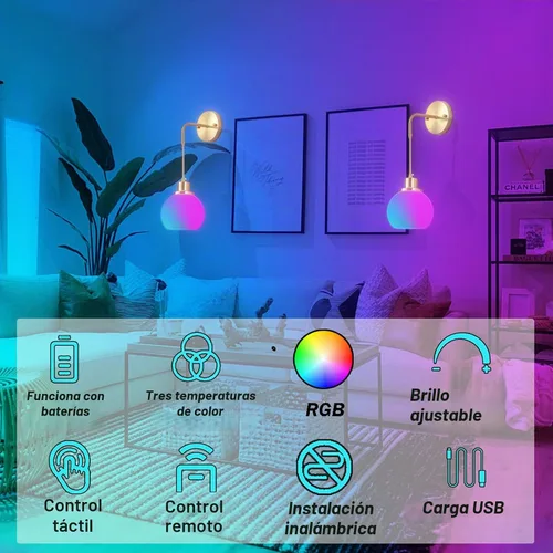 Vista 2 de Juego de dos apliques de pared a pilas con control remoto, aplique de pared recargable sin cableado hasta 50 horas de vida útil, aplique de pared