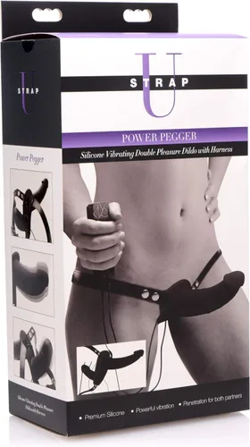 Vista 4 de Power Pegger - Consolador doble vibrador de silicona negra con arnés