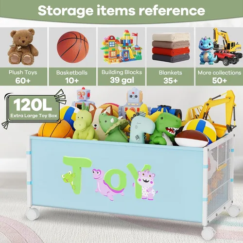 Vista 2 de Caja grande de juguetes para niños con ruedas, 120L Cajas de juguetes para niños extra grandes de metal y tela Oxford, cofre de juguetes organizador