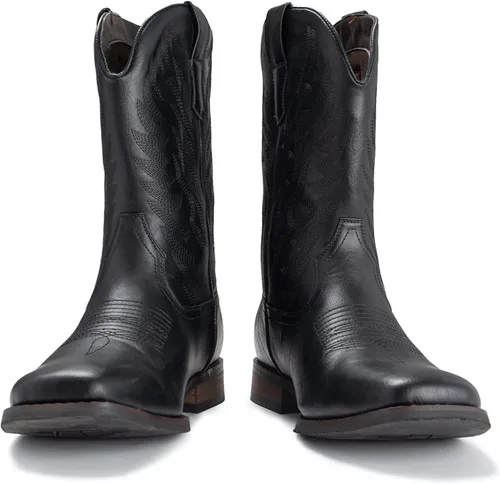 Vista 7 de IUV Botas de Vaquero para Hombre de Pie Ancho Punta Cuadrada Botas Occidentales con Bordado Clásico Duraderas Sin Cordones Negro