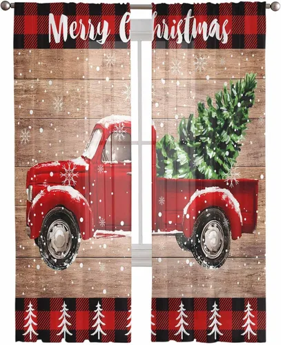 Vista 18 de Cortinas traslúcidas para camión rojo de Navidad de 45 pulgadas de largo, juego de 2 paneles de tablero de madera retro rústico con cuadros