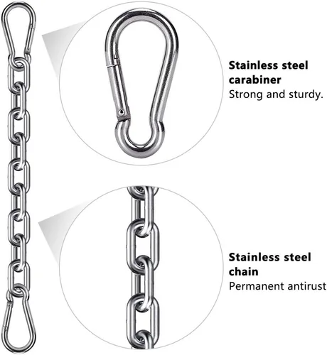 Vista 2 de Juego de 2 cadenas para saco de boxeo y 4 mosquetones, de acero inoxidable resistente, kit de cadena de silla colgante para hamaca para interiores
