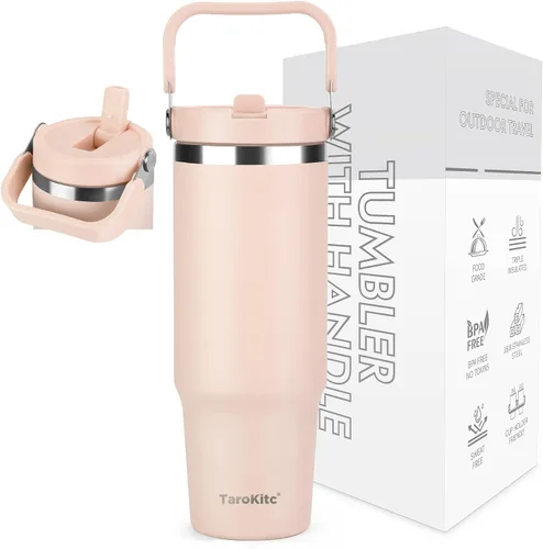 Vista 12 de TaroKitc Vaso de 30 onzas con asa y popote abatible, botella de agua aislada al vacío de triple pared, taza de viaje reutilizable a prueba de fugas