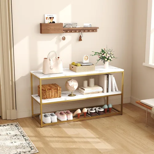 Vista 9 de Function Home Soporte de TV para televisores de hasta 50 pulgadas, centro de entretenimiento de 2 niveles, mueble de TV moderno con parte superior