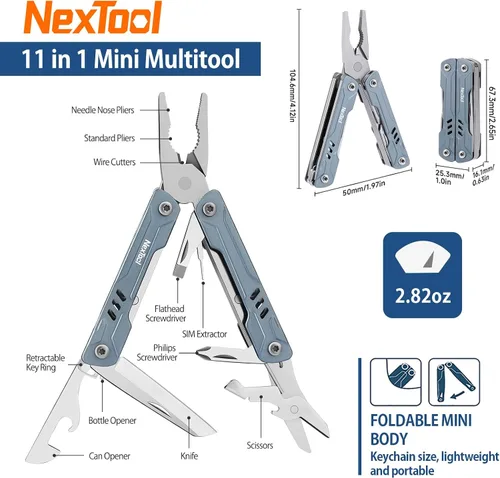 Vista 5 de NexTool Mini Sailor S11 Llavero multiherramienta, alicates EDC compactos 11 en 1 con cuchillo de bolsillo, tijeras y destornilladores