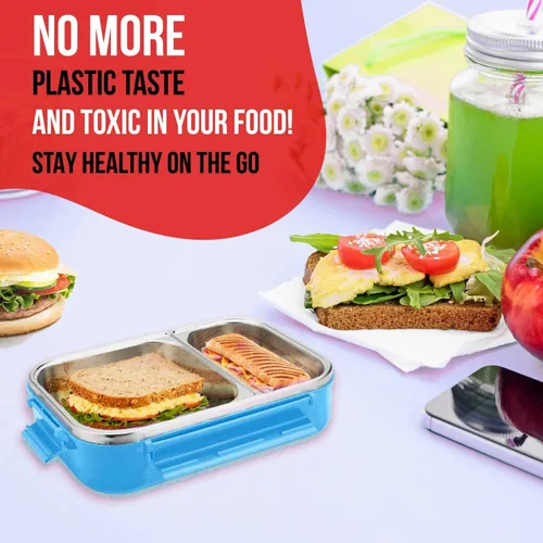 Vista 6 de Signoraware Bento Box de acero inoxidable para hombres, 24 onzas, azul aguamarina, a prueba de fugas entre 2 compartimentos, control de porciones