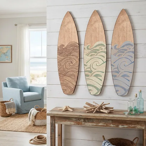 Vista 9 de RattanView Juego de 3 piezas de decoración de pared de tablas de surf de 11.8 x 3.4 pulgadas, tabla de surf de madera ondulada, playa, verano